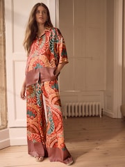Brown/Multi Paisley Border Print Short Sleeve Crinkle Satin Shirt - Image 1 of 4