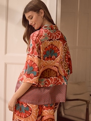 Brown/Multi Paisley Border Print Short Sleeve Crinkle Satin Shirt - Image 2 of 4