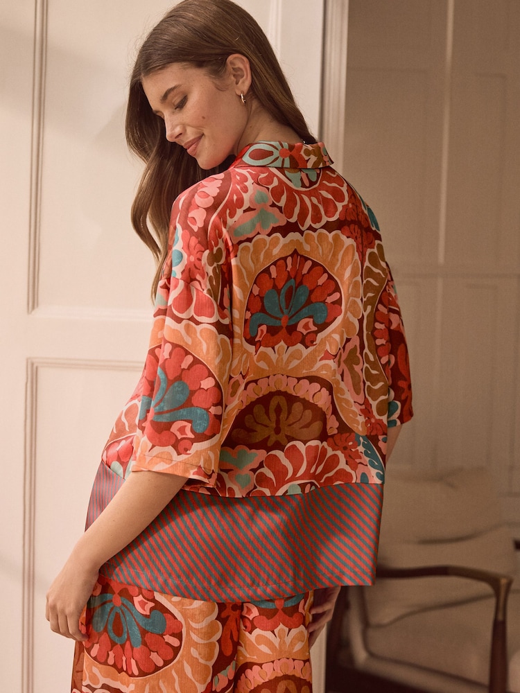 Brown/Multi Paisley Border Print Short Sleeve Crinkle Satin Shirt - Image 2 of 4