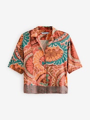 Brown/Multi Paisley Border Print Short Sleeve Crinkle Satin Shirt - Image 4 of 4