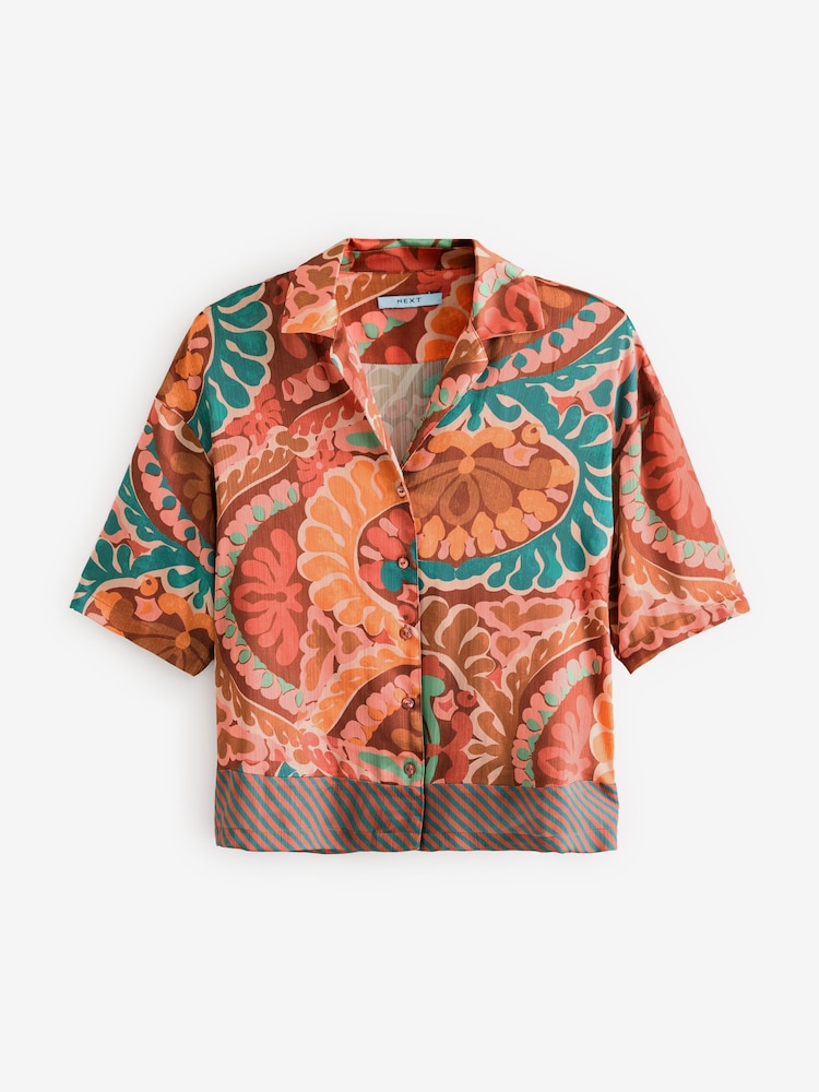 Brown/Multi Paisley Border Print Short Sleeve Crinkle Satin Shirt - Image 4 of 4