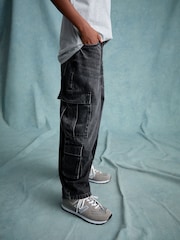 Black Tapered Wide Cargo Denim 100% Cotton Jeans (3-16yrs) - Image 1 of 8