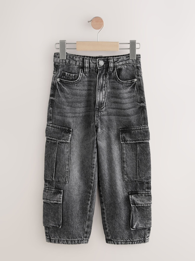 Black Tapered Wide Cargo Denim 100% Cotton Jeans (3-16yrs) - Image 5 of 8