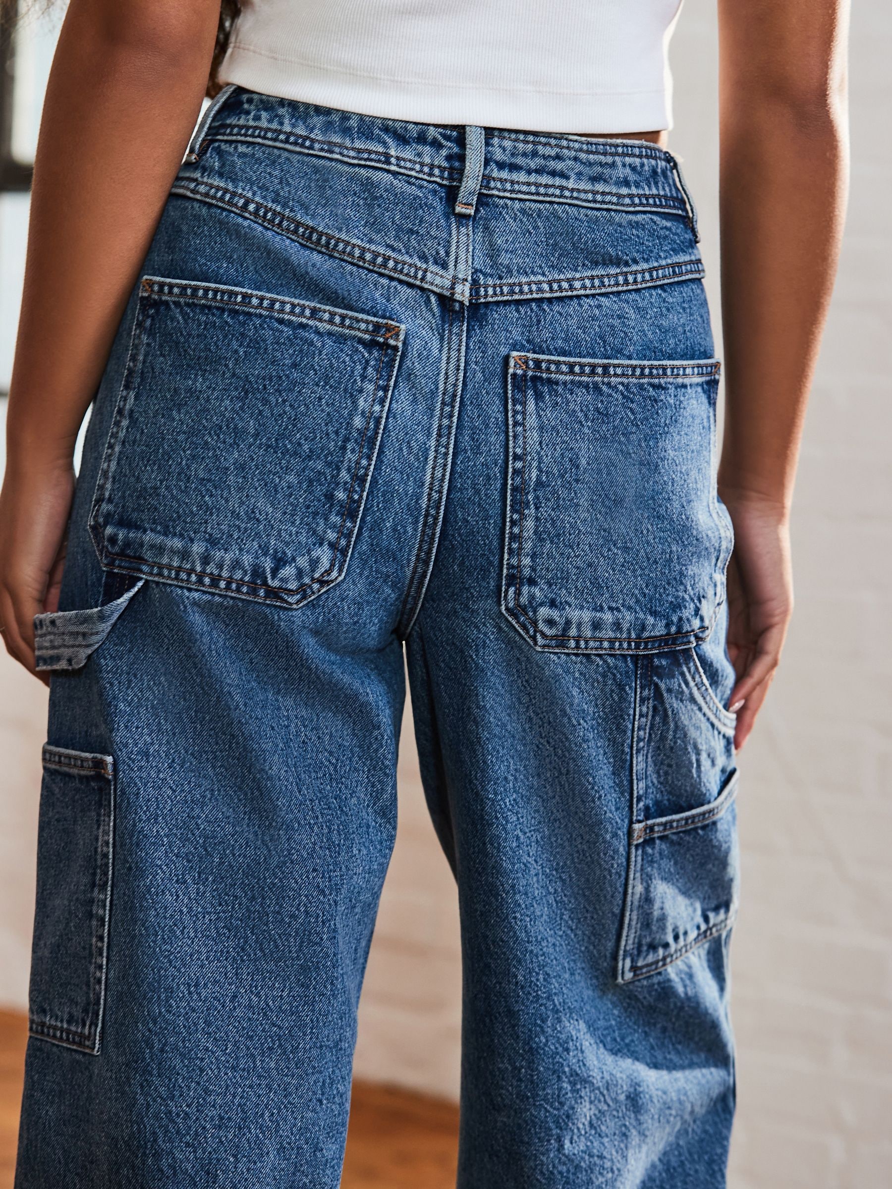 デニム・ジーパン Washed Carpenter Wide Denim Pants Blue Buy Mid Blue Carpenter Wide Leg 100% Cotton Jeans from Next USA