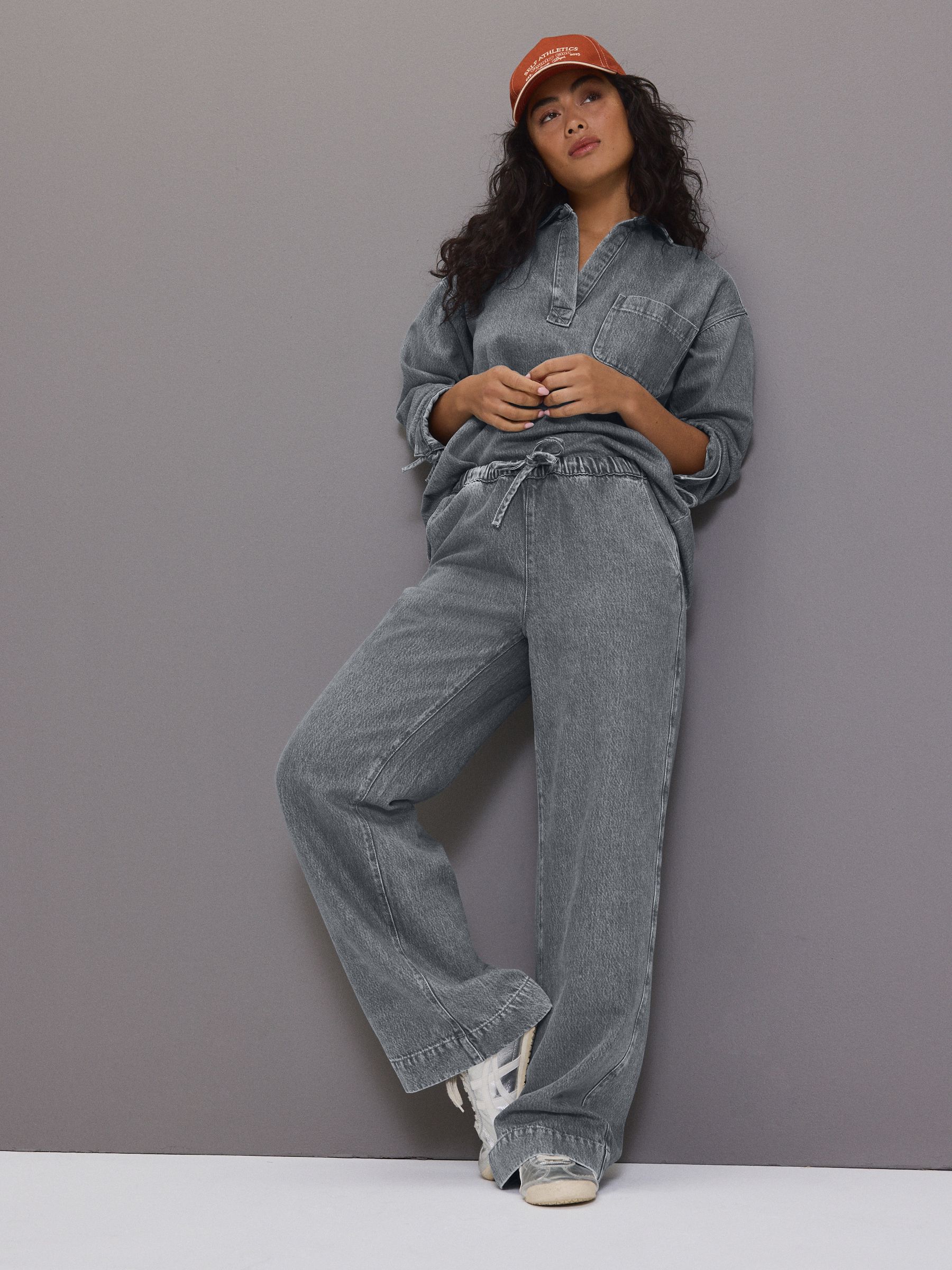 Relaxed Grey Wide-Leg Jeans – Drawstring Elastic Waist Comfort Fit