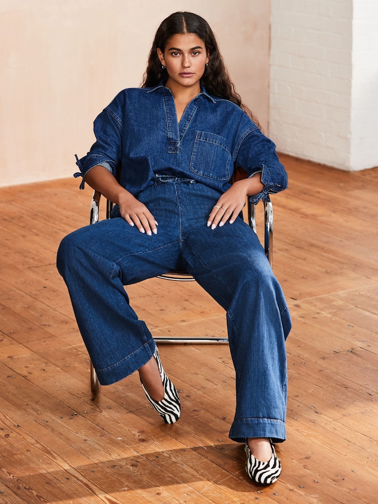 Mittelblau - Jeans mit weitem Bein und elastischem Bund - Bild 1 von 8 Mittelblau - Jeans mit weitem Bein und elastischem Bund - Bild 1 von 8