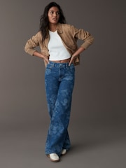 Mid Blue 100% Cotton Floral Laser Print Wide Leg Jeans - Image 1 of 8
