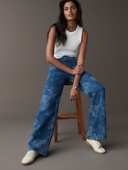 Mid Blue 100% Cotton Floral Laser Print Wide Leg Jeans - Image 2 of 8