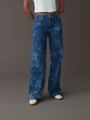 Mid Blue 100% Cotton Floral Laser Print Wide Leg Jeans - Image 3 of 8