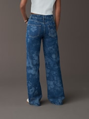 Mid Blue 100% Cotton Floral Laser Print Wide Leg Jeans - Image 4 of 8