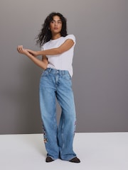 Mid Blue Embroidered 100% Cotton Wide Leg Jeans - Image 2 of 7
