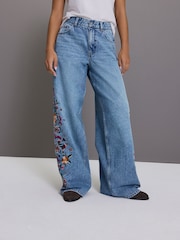 Mid Blue Embroidered 100% Cotton Wide Leg Jeans - Image 3 of 7