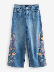 Mid Blue Embroidered 100% Cotton Wide Leg Jeans - Image 5 of 7