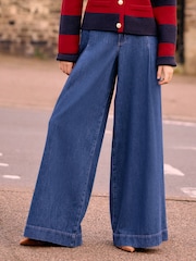 Dark Wash Premium Pleated Palazzo Wide Leg 100% Cotton Jeans - Image 5 of 7