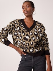 Khaki Green Leopard Animal V-Neck Jumper - Image 1 of 9