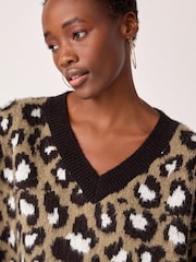 Khaki Green Leopard Animal V-Neck Jumper - Image 4 of 9