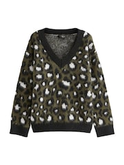 Khaki Green Leopard Animal V-Neck Jumper - Image 5 of 9