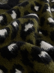 Khaki Green Leopard Animal V-Neck Jumper - Image 7 of 9