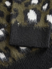 Khaki Green Leopard Animal V-Neck Jumper - Image 8 of 9
