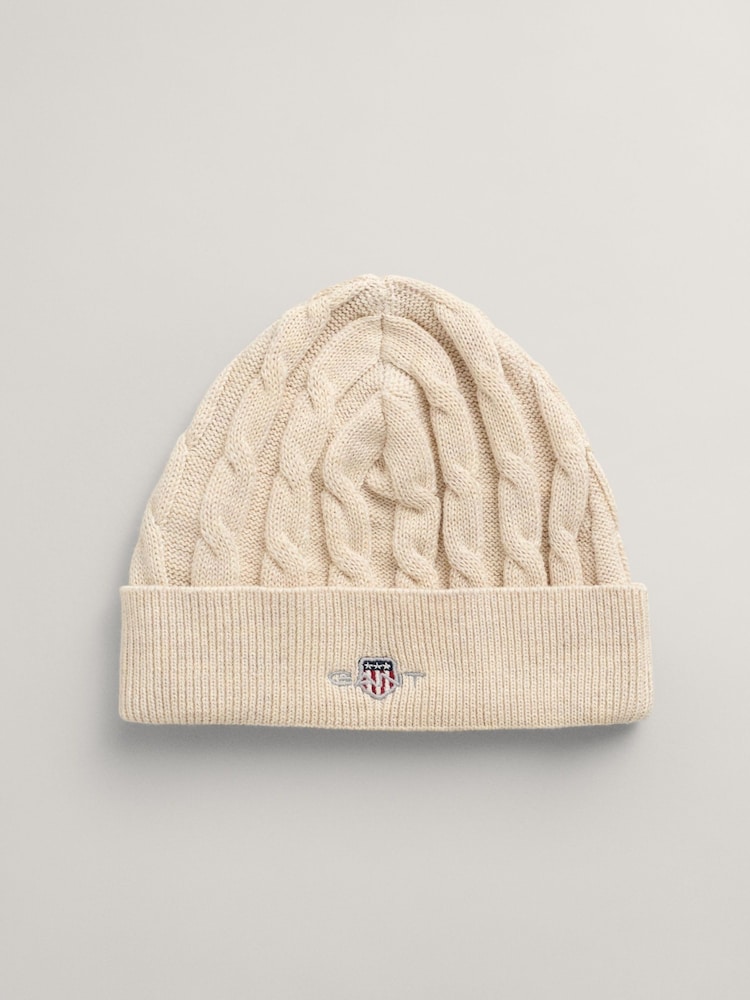 GANT Cream Baby Shield 100% Cotton Cable Knit Beanie - Image 1 of 2