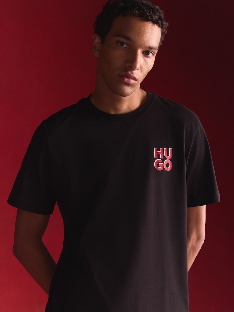 HUGO Black Stacked Logo 100% Cotton Jersey T-Shirt - Image 1 of 9