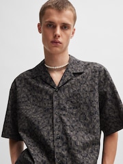 HUGO Black Oversized Seasonal Print 100% Cotton Poplin Shirt - Image 8 of 10