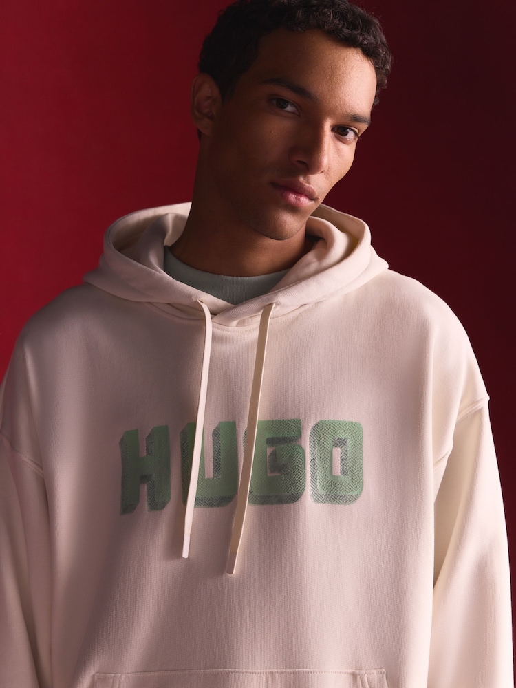 HUGO White Logo Print 100% Cotton Terry Hoodie - Image 2 of 11
