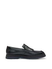 HUGO Black Fringe Trim Moccasins In Leather - Image 1 of 7