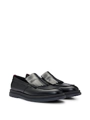 HUGO Black Fringe Trim Moccasins In Leather - Image 2 of 7