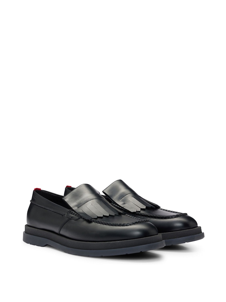 HUGO Black Fringe Trim Moccasins In Leather - Image 2 of 7