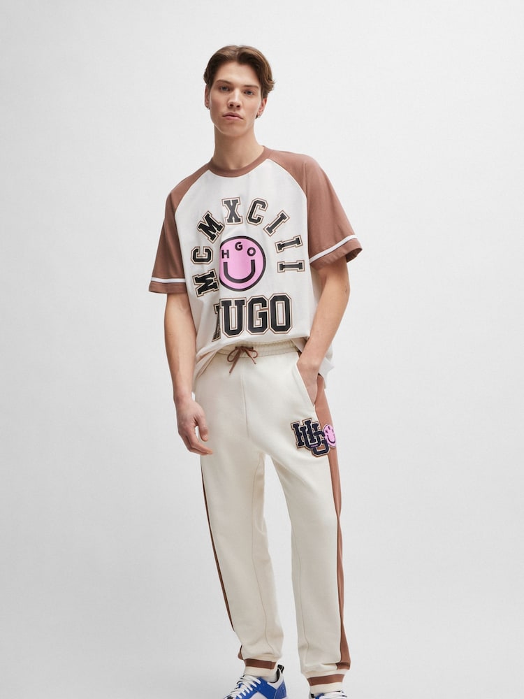 HUGO Blue White 100% Cotton Terry Joggers With Varsity Inspired Logo - Image 1 of 6