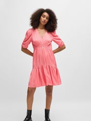 BOSS Pink V-Neck Dress In Hammered Satin With Volant Hem - Image 1 of 5