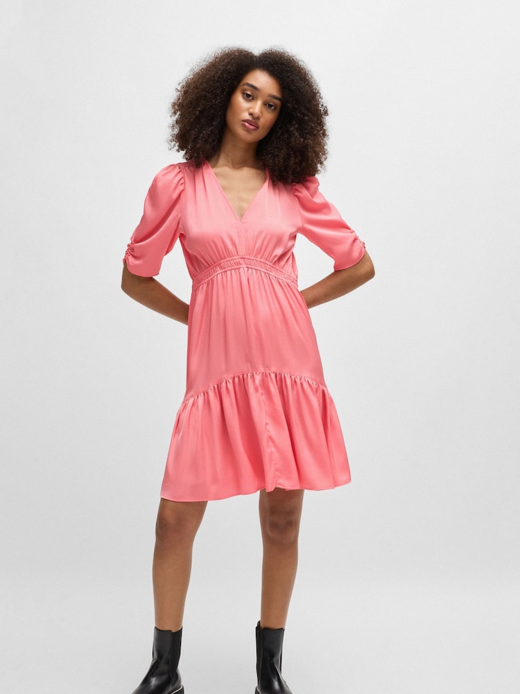 BOSS Pink V-Neck Dress In Hammered Satin With Volant Hem - Image 1 of 5