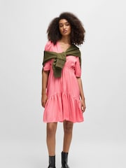 BOSS Pink V-Neck Dress In Hammered Satin With Volant Hem - Image 2 of 5