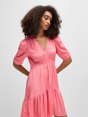 BOSS Pink V-Neck Dress In Hammered Satin With Volant Hem - Image 3 of 5