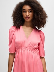 BOSS Pink V-Neck Dress In Hammered Satin With Volant Hem - Image 4 of 5