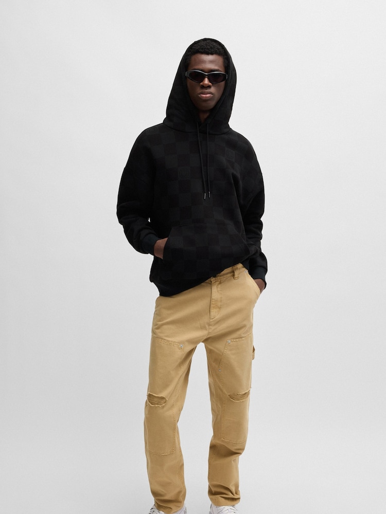 HUGO Blue Black Loose Fit Hoodie In 100% Cotton Terry With Checkerboard Print - Image 1 of 5