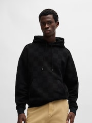 HUGO Blue Black Loose Fit Hoodie In 100% Cotton Terry With Checkerboard Print - Image 2 of 5