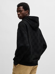 HUGO Blue Black Loose Fit Hoodie In 100% Cotton Terry With Checkerboard Print - Image 3 of 5