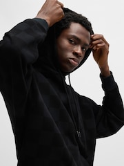 HUGO Blue Black Loose Fit Hoodie In 100% Cotton Terry With Checkerboard Print - Image 4 of 5
