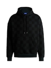 HUGO Blue Black Loose Fit Hoodie In 100% Cotton Terry With Checkerboard Print - Image 5 of 5