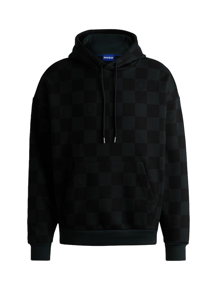 HUGO Blue Black Loose Fit Hoodie In 100% Cotton Terry With Checkerboard Print - Image 5 of 5