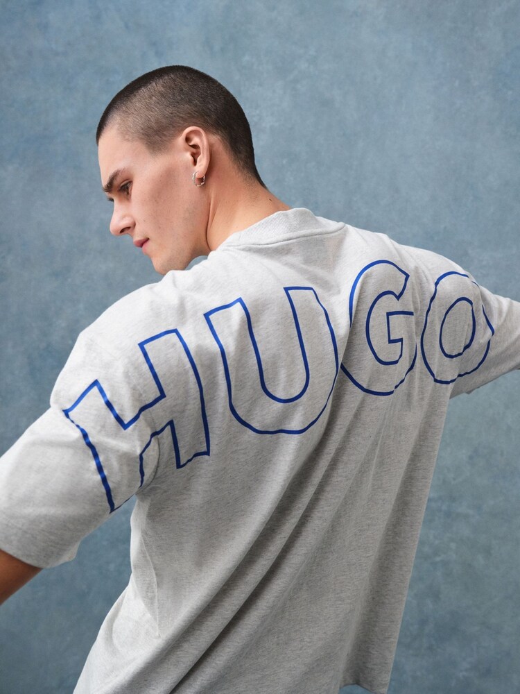 HUGO Grey 3D-Print Logos 100% Cotton Jersey T-Shirt - Image 1 of 6