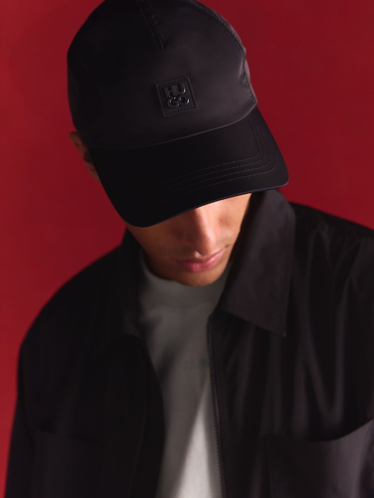 HUGO Black Stacked Logo Cap In Waterproof Twill - Image 1 of 9