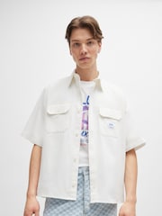 HUGO Blue White Loose Fit Logo Patch 100% Cotton Twill Shirt - Image 1 of 6