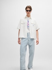 HUGO Blue White Loose Fit Logo Patch 100% Cotton Twill Shirt - Image 3 of 6