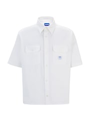 HUGO Blue White Loose Fit Logo Patch 100% Cotton Twill Shirt - Image 6 of 6