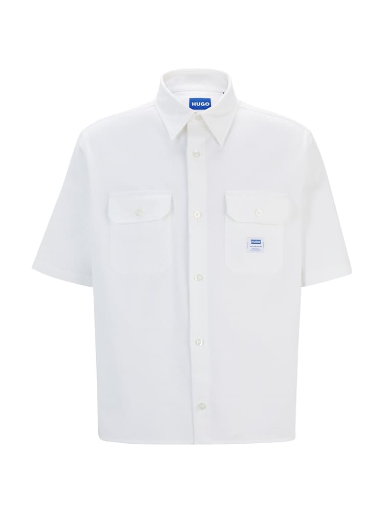 HUGO Blue White Loose Fit Logo Patch 100% Cotton Twill Shirt - Image 6 of 6