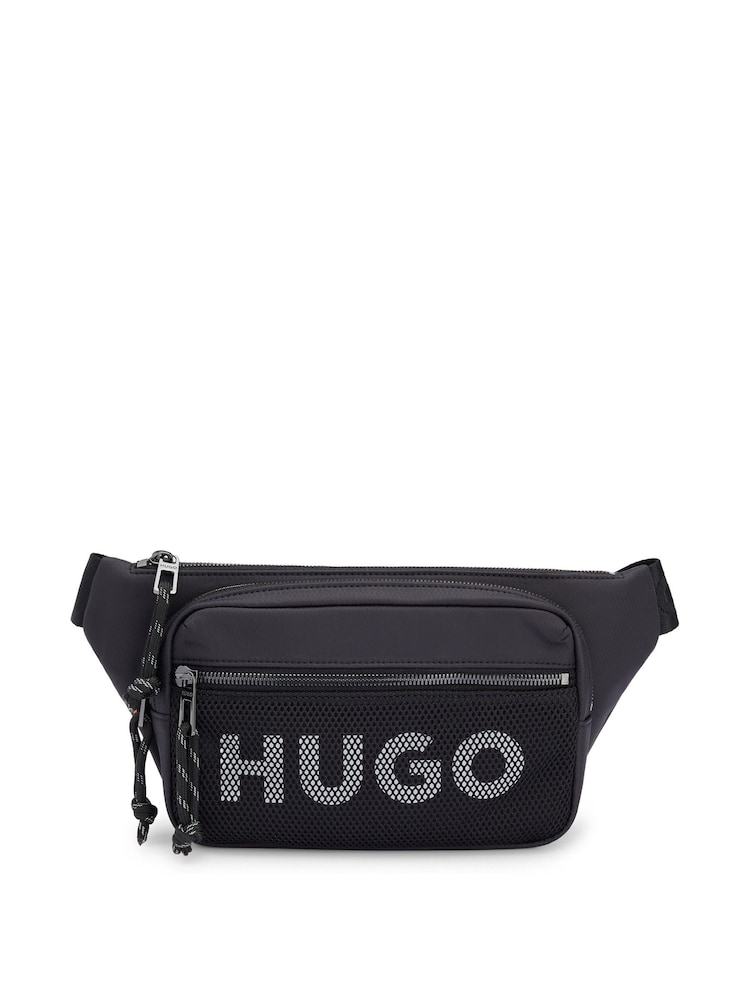 HUGO Black Belt Bag With Contrast Logo And Mesh Overlay - Image 1 of 6