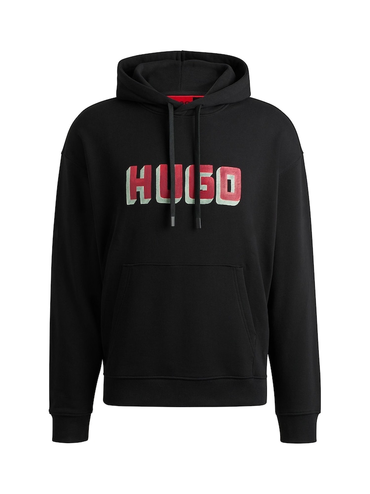 HUGO Black Logo Print 100% Cotton Terry Hoodie - Image 10 of 10